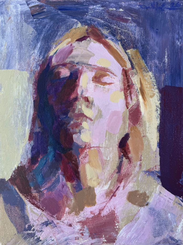 Expressive portrait of a woman gazing upward, rendered in loose pink, violet, blue, and ochre brushstrokes against an abstract blue background.