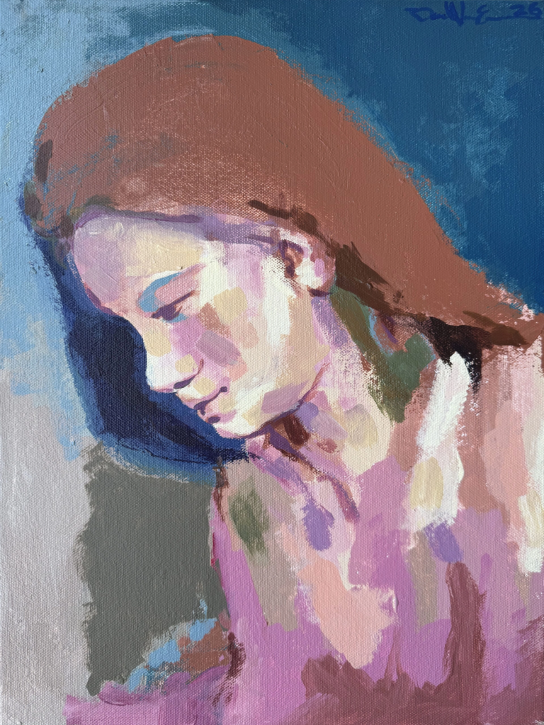 Expressive profile portrait of a woman with bowed head, painted in soft pink, lavender, rust, and blue tones against a deep teal background.
