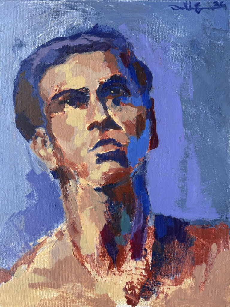 Expressive portrait of a man looking upward, painted with bold blue and violet shadows contrasting with warm ochre and flesh-toned highlights.