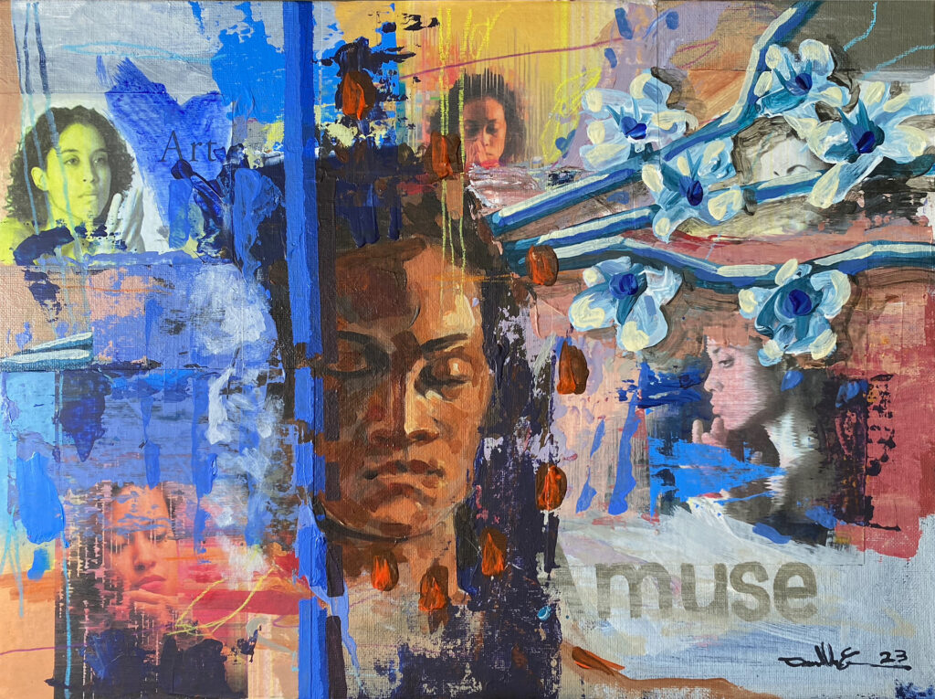 Amuse – $250, 14" x 11", Mixed Media and Collage on Canvas Board, 2023
