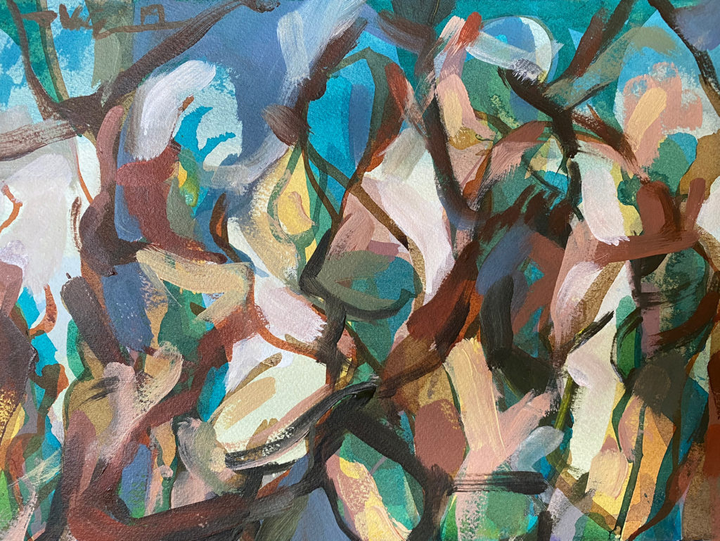 In The Woods II – $150, 9″ x 12″, Mixed Media on Paper, 2019