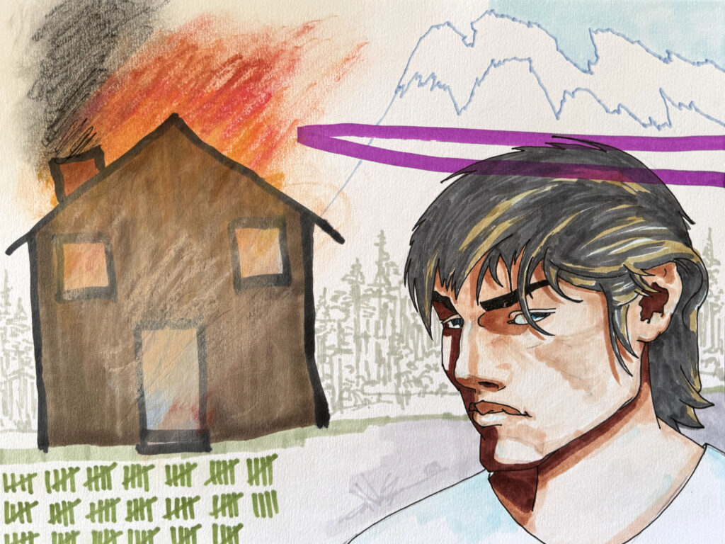 House Fire - Mixed Media on Paper, 12" x 9", 2025