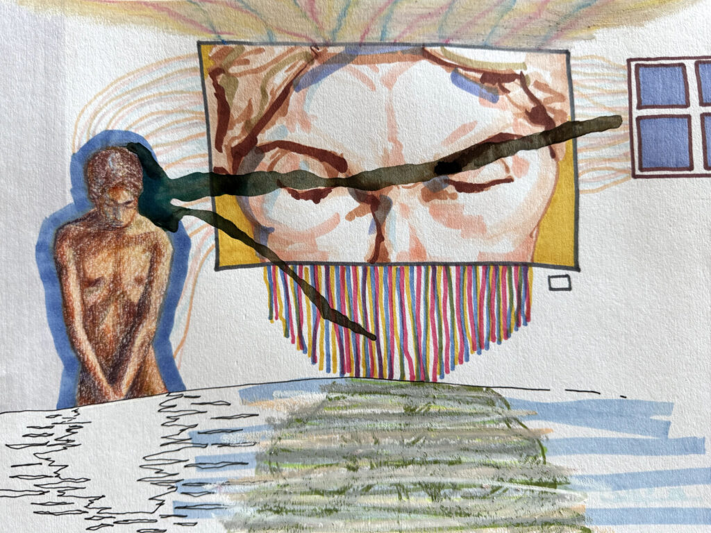 Don't Look Behind The Curtain - Mixed Media on Paper, 12" x 9", 2025