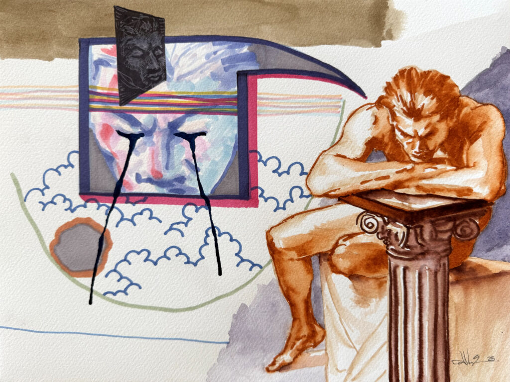 The Sisyphean - Mixed Media on Paper, 12" x 9", 2025