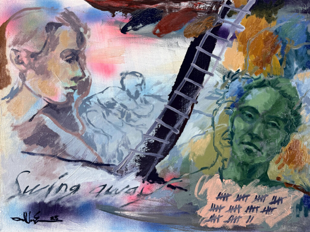 Swing Away – $250, 20" x 16", Acrylic, Spray Paint and Oil on Canvas, 2025