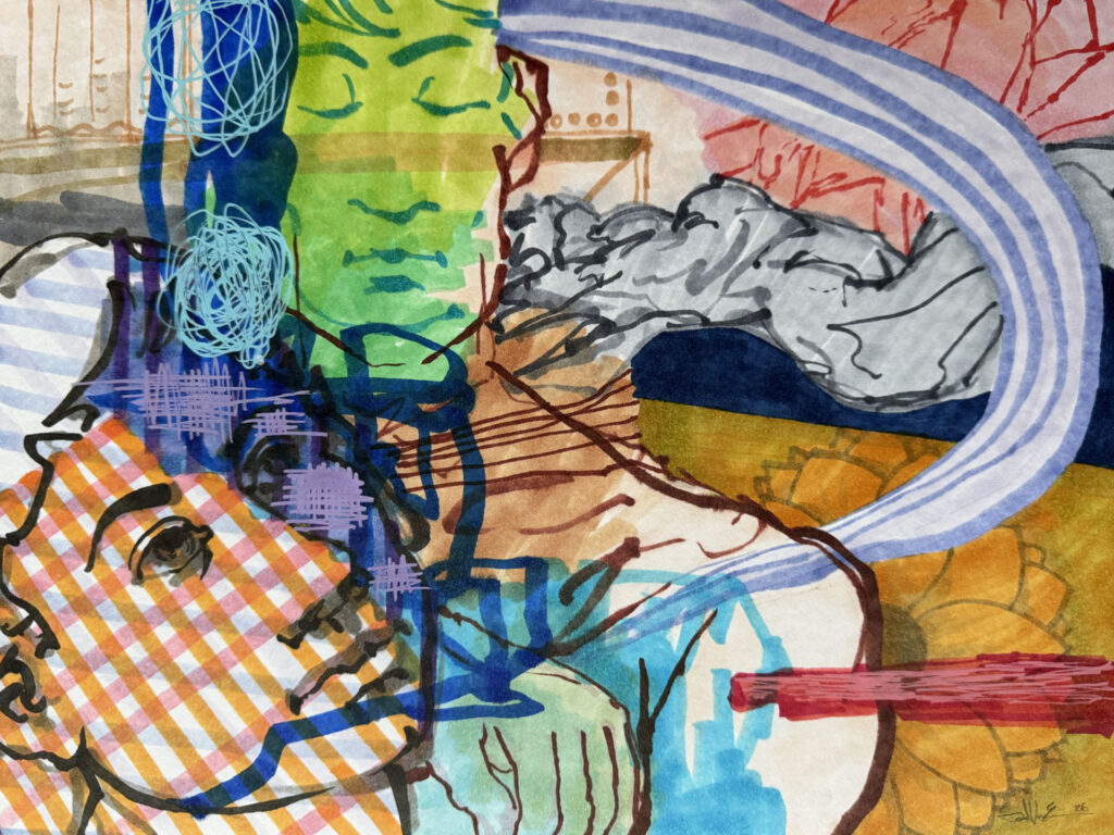 Behind The Curtain - Mixed Media on Paper, 12" x 9", 2025