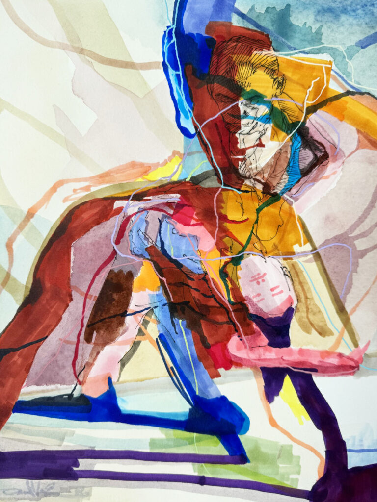 Satellites – $150, 12″ x 9″, Watercolor and Markers on Paper, 2026