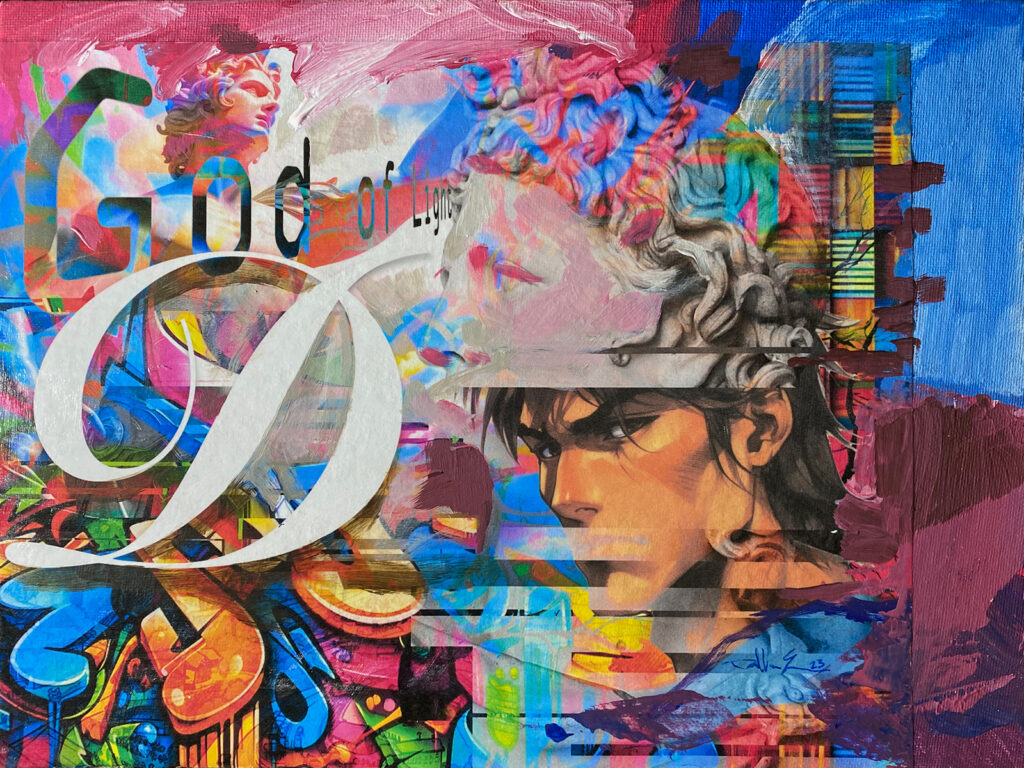 Apollo – $250, 12" x 9", Acrylic and Paper on Canvas Board, 2023