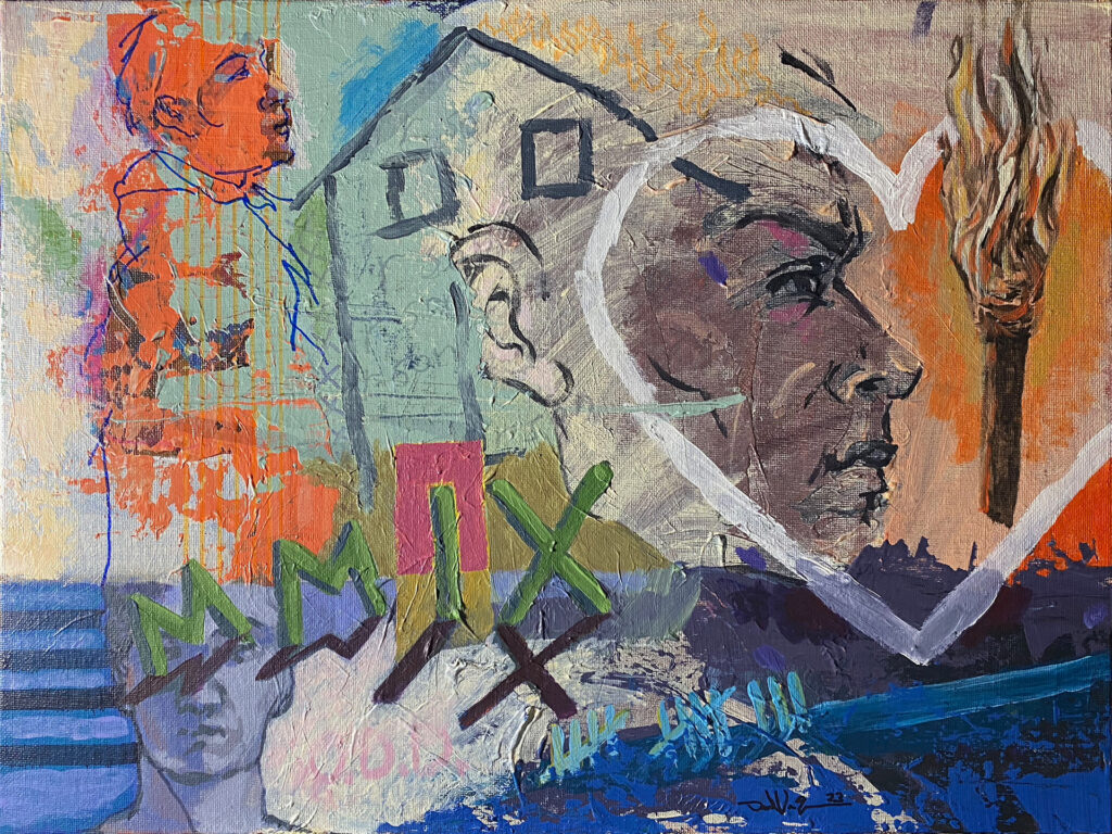 Thirteen – $250, 14" x 11", Mixed Media and Collage on Canvas Board, 2023