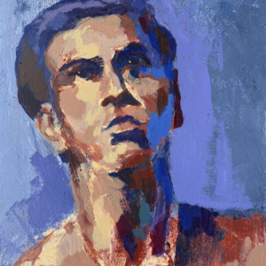 Expressive portrait of a man looking upward, painted with bold blue and violet shadows contrasting with warm ochre and flesh-toned highlights.